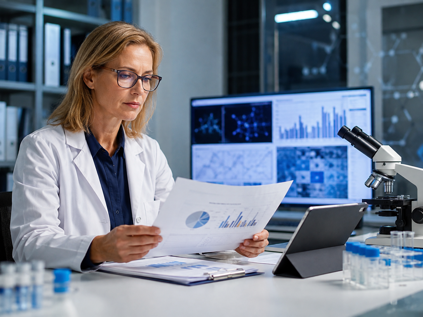 Researcher examining scientific evidence and data